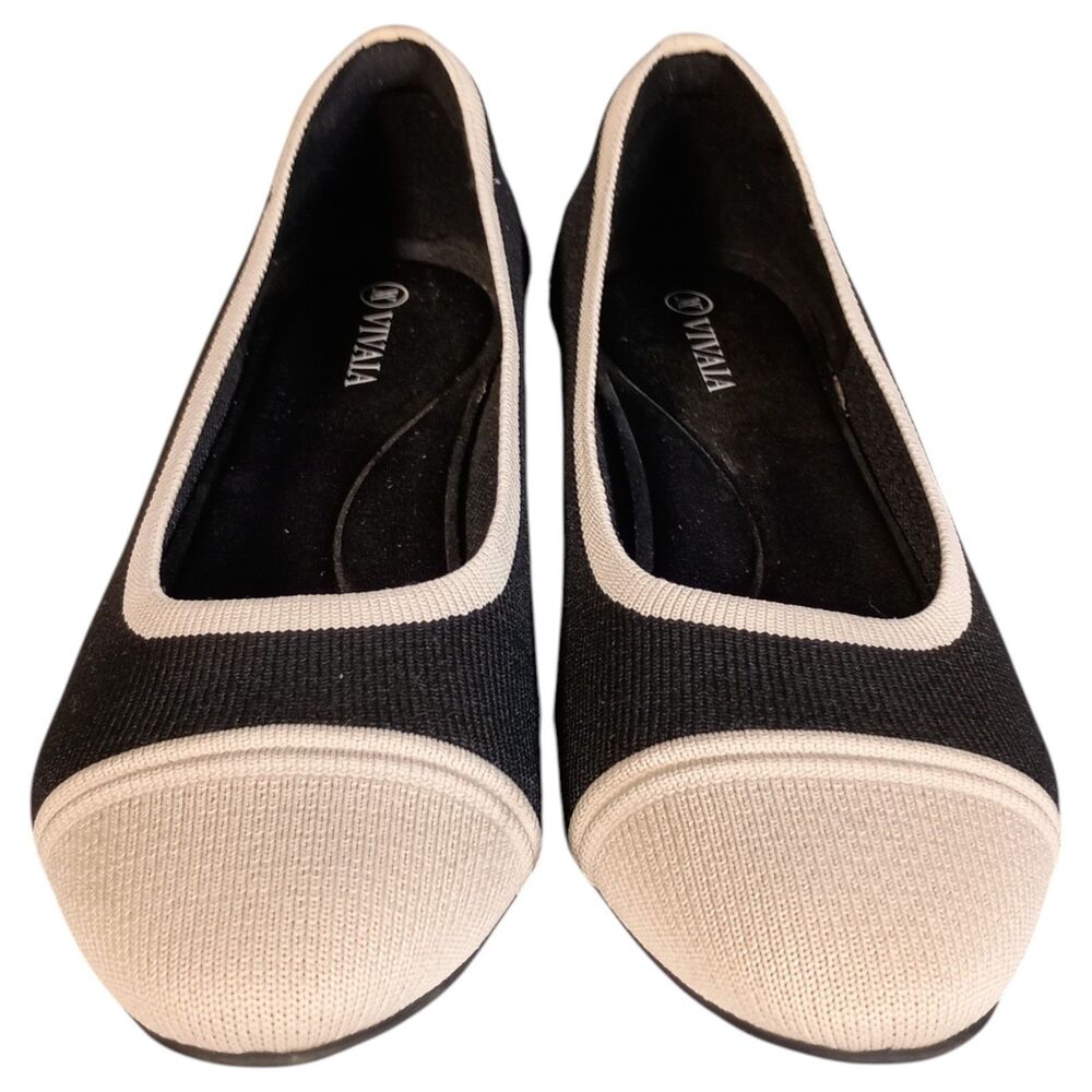 Vivaia Julie Pro Almond Toe Heels Pumps Womens 8 - 8.5 Beige Black Knit - Picture 4 of 12